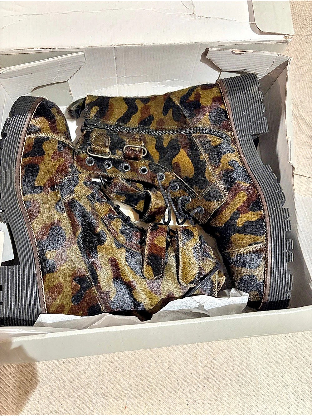 Shelly's London Calf hair Camo Combat Boots in Green & Brown new never worn